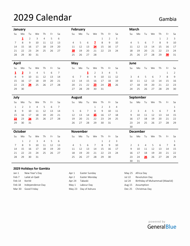 Standard Holiday Calendar for 2029 with Gambia Holidays 