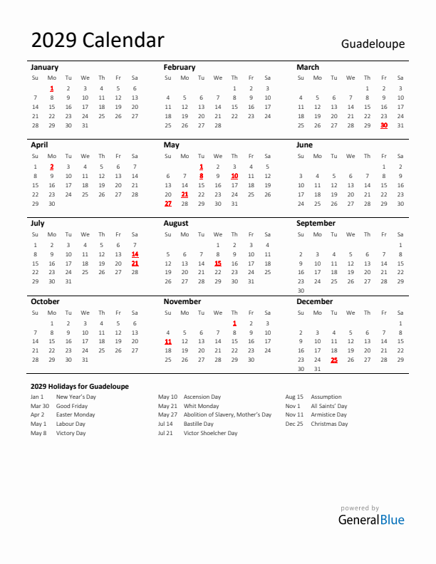 Standard Holiday Calendar for 2029 with Guadeloupe Holidays
