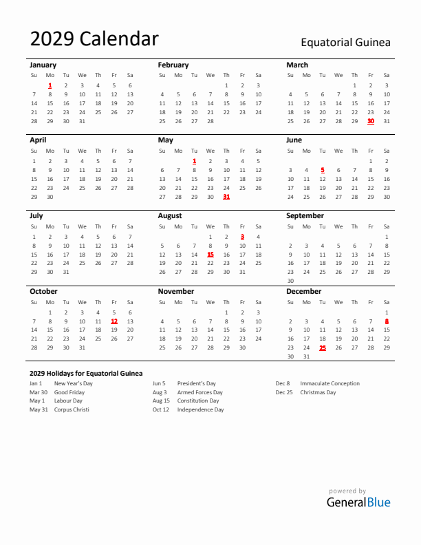 Standard Holiday Calendar for 2029 with Equatorial Guinea Holidays