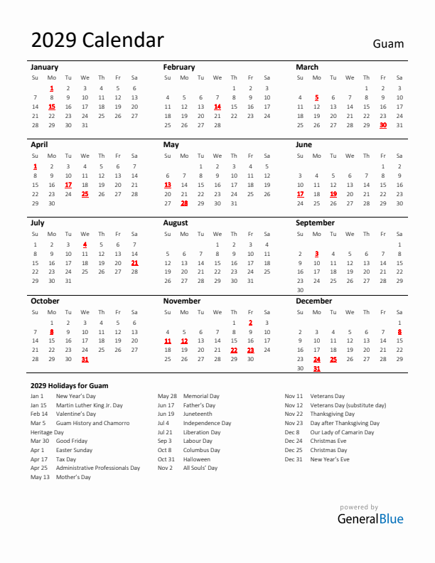 Standard Holiday Calendar for 2029 with Guam Holidays
