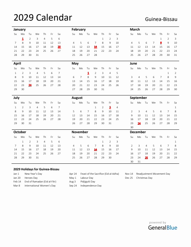 Standard Holiday Calendar for 2029 with Guinea-Bissau Holidays 