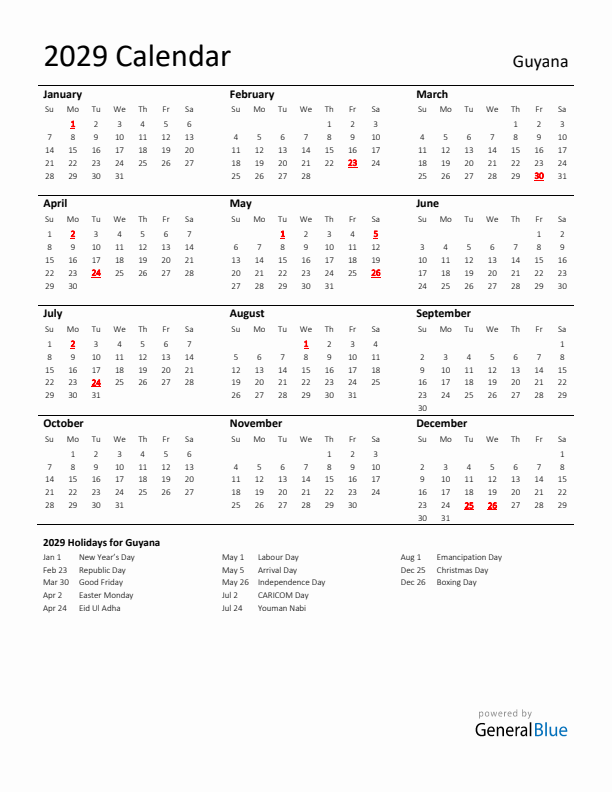 Standard Holiday Calendar for 2029 with Guyana Holidays