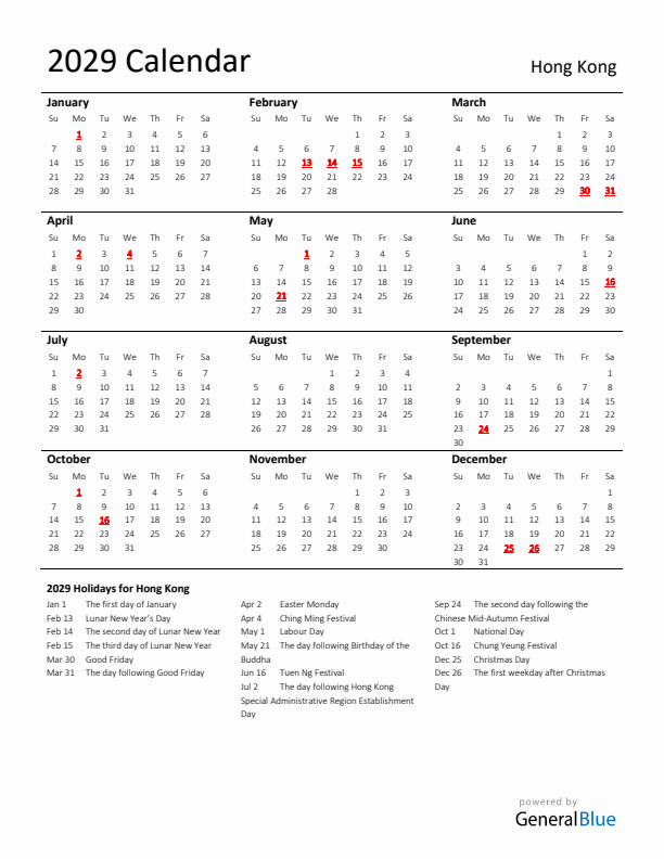 Standard Holiday Calendar for 2029 with Hong Kong Holidays 