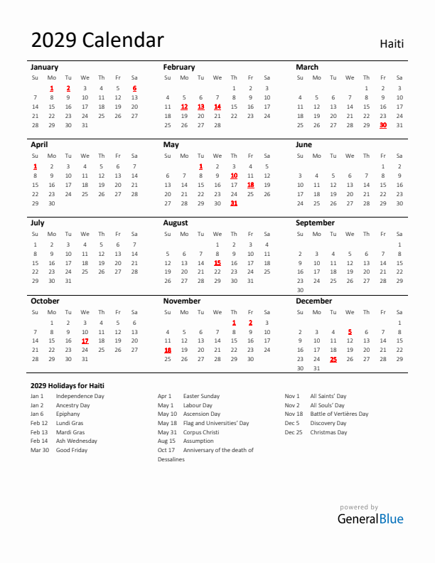 Standard Holiday Calendar for 2029 with Haiti Holidays
