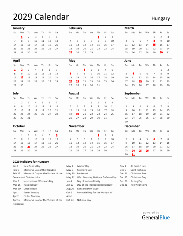 Standard Holiday Calendar for 2029 with Hungary Holidays