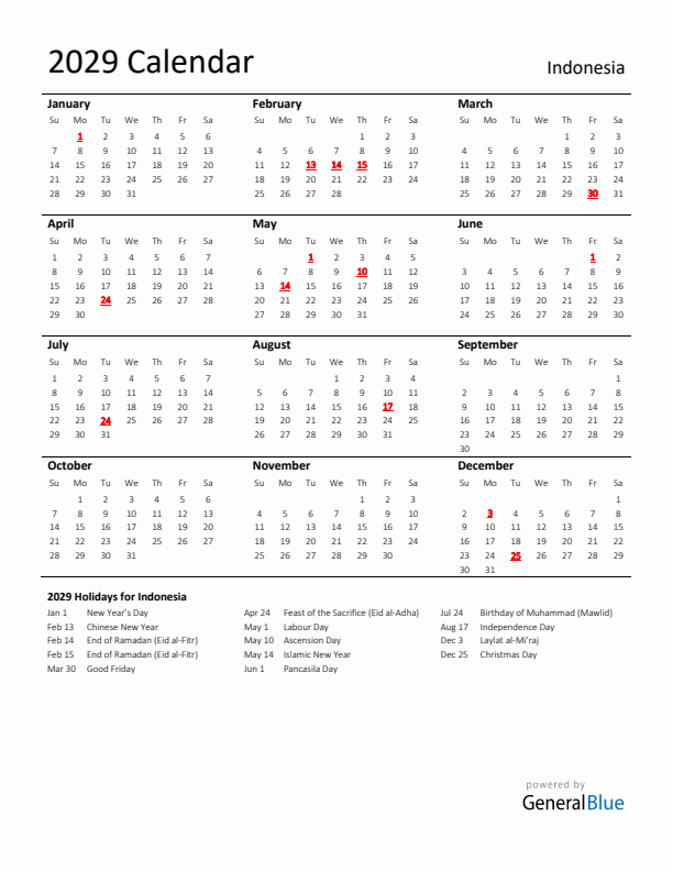 Standard Holiday Calendar for 2029 with Indonesia Holidays 