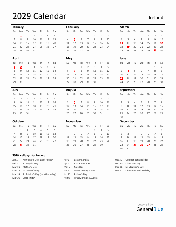 Standard Holiday Calendar for 2029 with Ireland Holidays