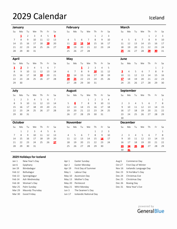 Standard Holiday Calendar for 2029 with Iceland Holidays