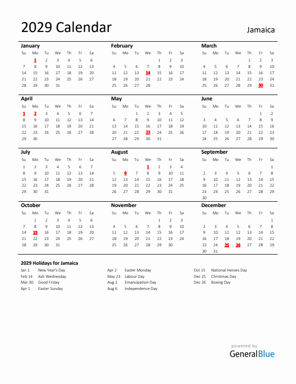 Standard Holiday Calendar for 2029 with Jamaica Holidays