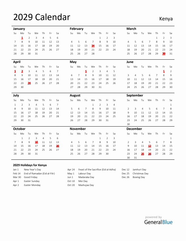 Standard Holiday Calendar for 2029 with Kenya Holidays