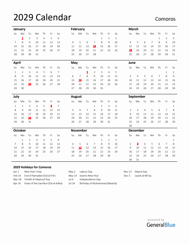 Standard Holiday Calendar for 2029 with Comoros Holidays 