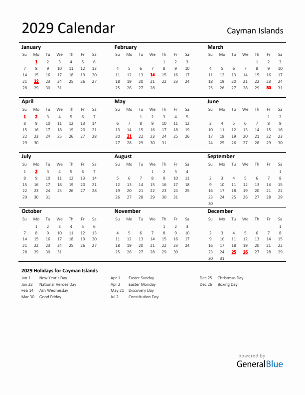 Standard Holiday Calendar for 2029 with Cayman Islands Holidays 
