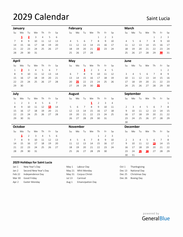 Standard Holiday Calendar for 2029 with Saint Lucia Holidays 