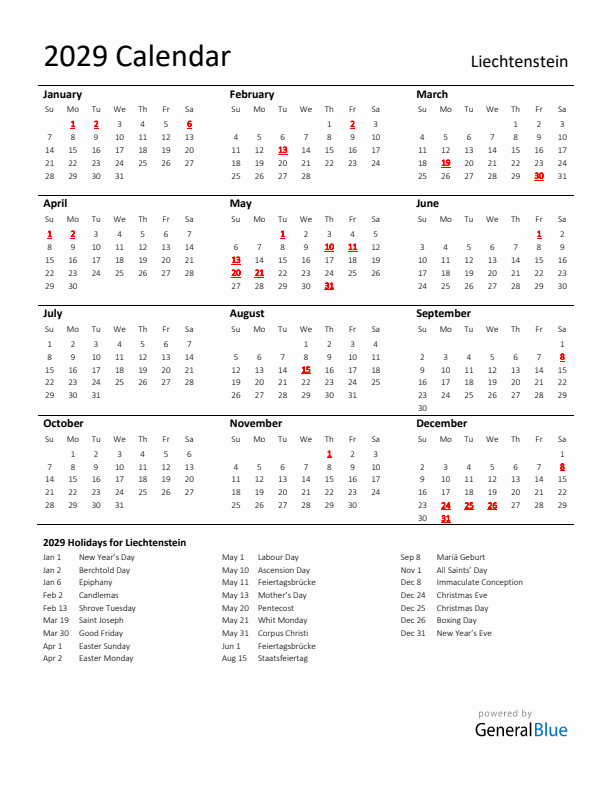 Standard Holiday Calendar for 2029 with Liechtenstein Holidays