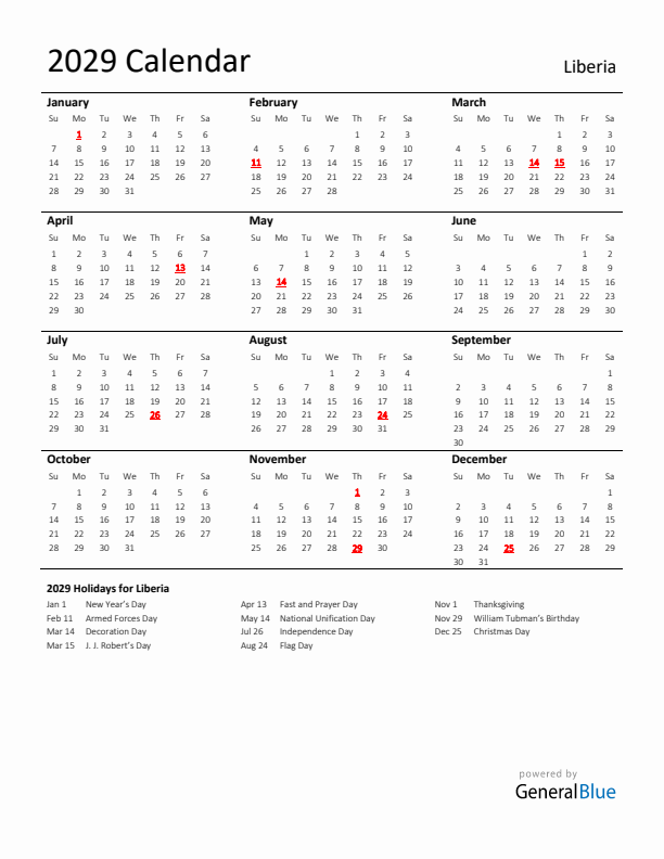 Standard Holiday Calendar for 2029 with Liberia Holidays 