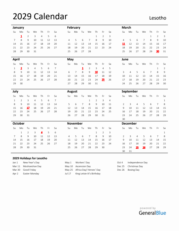 Standard Holiday Calendar for 2029 with Lesotho Holidays