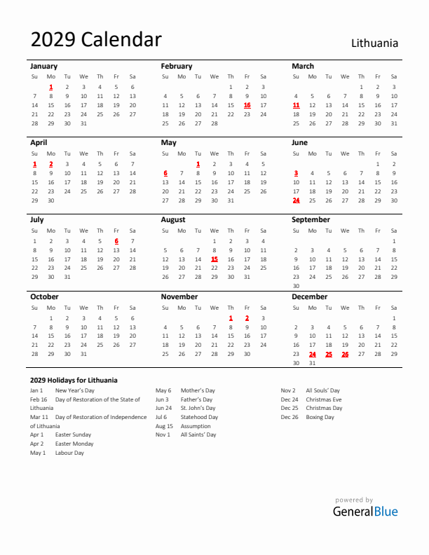 Standard Holiday Calendar for 2029 with Lithuania Holidays 