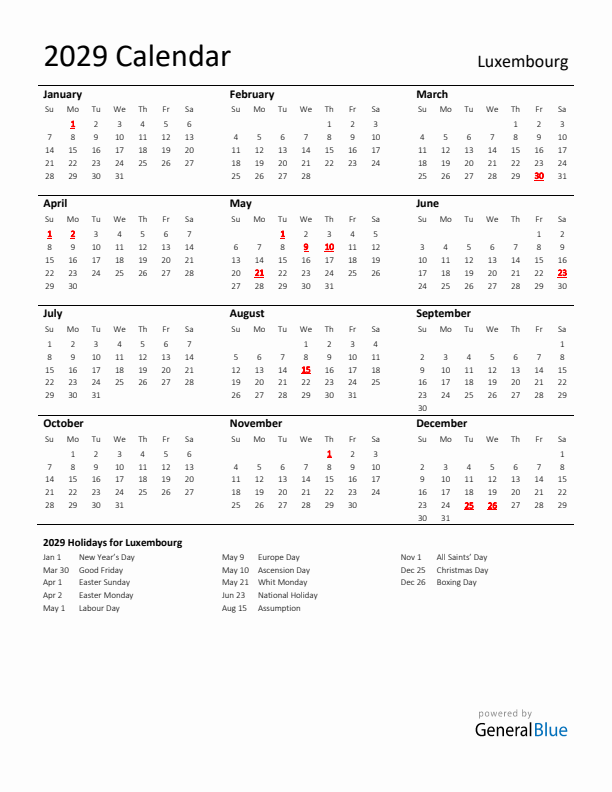 Standard Holiday Calendar for 2029 with Luxembourg Holidays