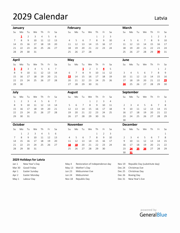 Standard Holiday Calendar for 2029 with Latvia Holidays