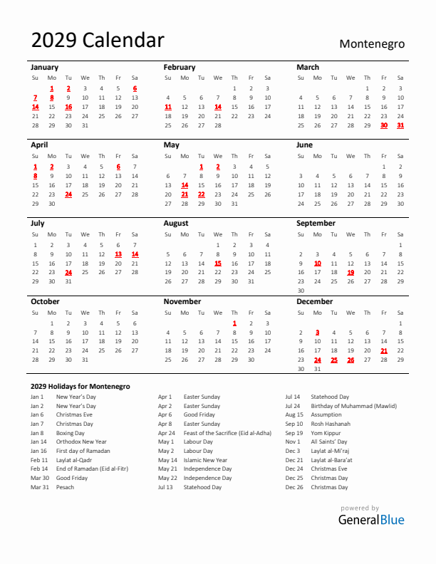 Standard Holiday Calendar for 2029 with Montenegro Holidays 