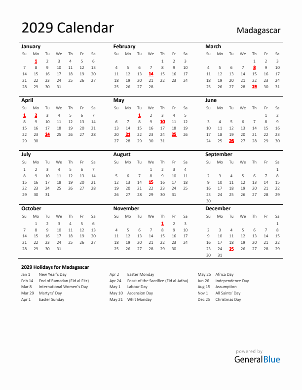 Standard Holiday Calendar for 2029 with Madagascar Holidays