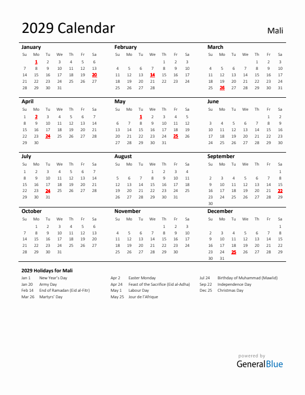 Standard Holiday Calendar for 2029 with Mali Holidays 