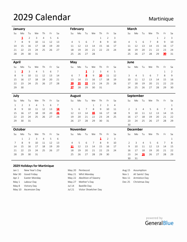 Standard Holiday Calendar for 2029 with Martinique Holidays