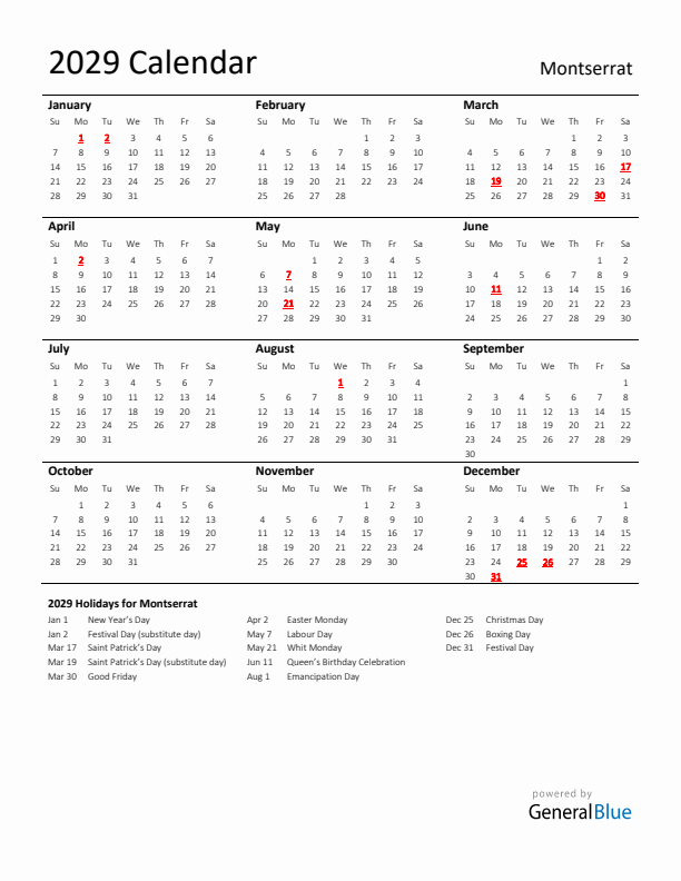 Standard Holiday Calendar for 2029 with Montserrat Holidays 
