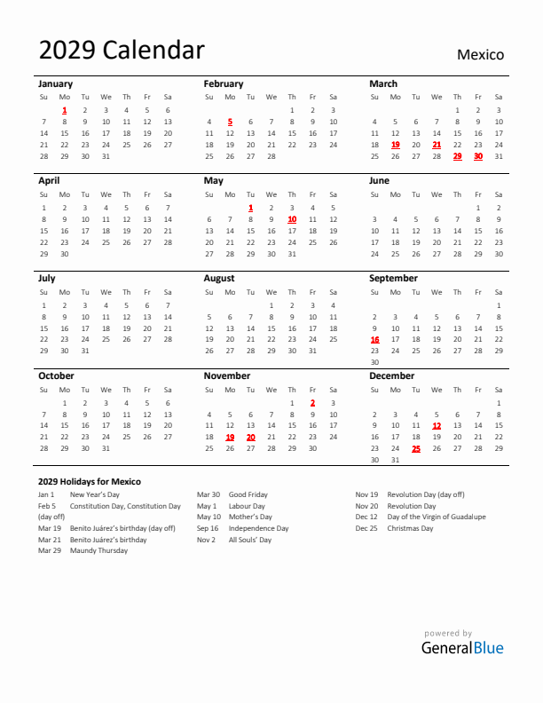 Standard Holiday Calendar for 2029 with Mexico Holidays