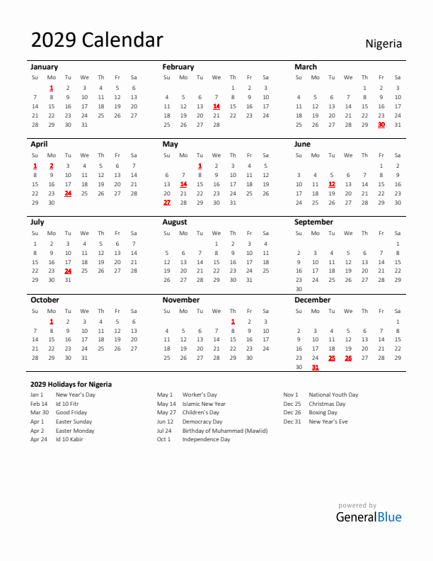 Standard Holiday Calendar for 2029 with Nigeria Holidays 