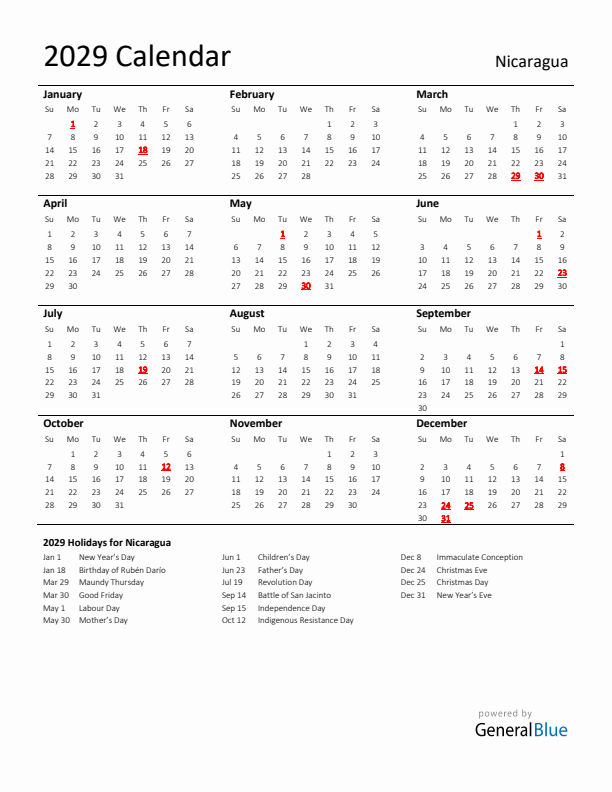 Standard Holiday Calendar for 2029 with Nicaragua Holidays