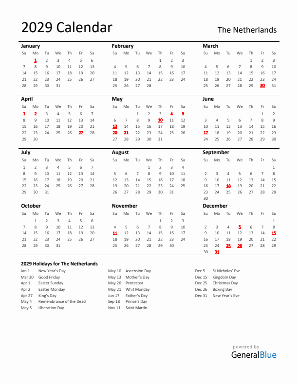 Standard Holiday Calendar for 2029 with The Netherlands Holidays