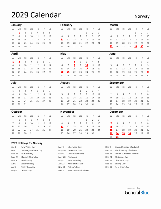 Standard Holiday Calendar for 2029 with Norway Holidays