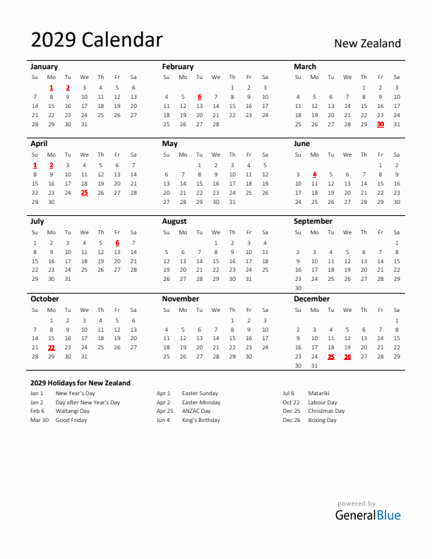 Standard Holiday Calendar for 2029 with New Zealand Holidays