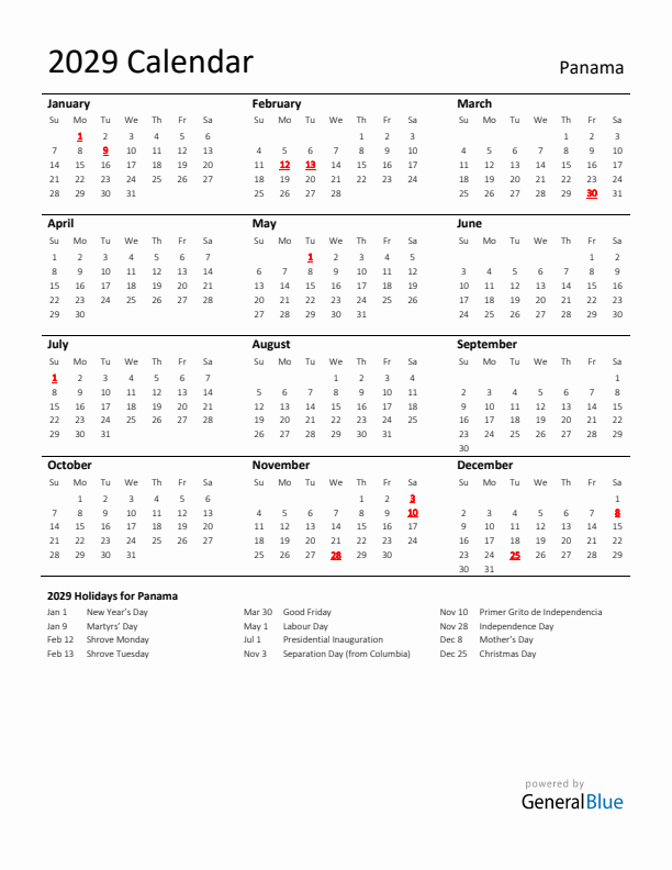 Standard Holiday Calendar for 2029 with Panama Holidays