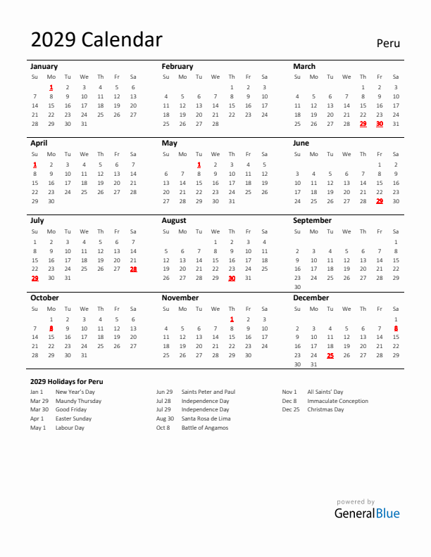 Standard Holiday Calendar for 2029 with Peru Holidays