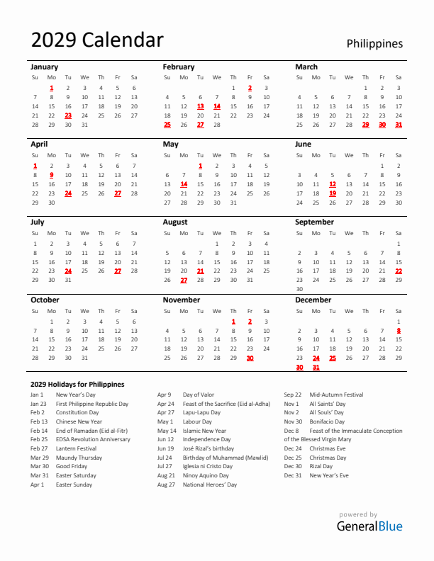 Standard Holiday Calendar for 2029 with Philippines Holidays