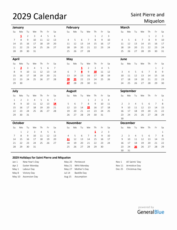 Standard Holiday Calendar for 2029 with Saint Pierre and Miquelon Holidays 