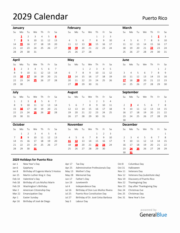Standard Holiday Calendar for 2029 with Puerto Rico Holidays 