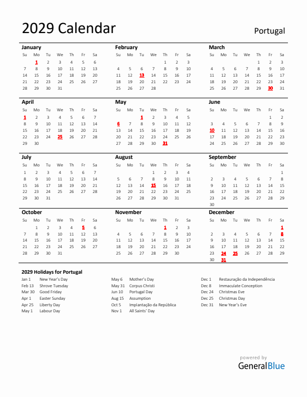 Standard Holiday Calendar for 2029 with Portugal Holidays
