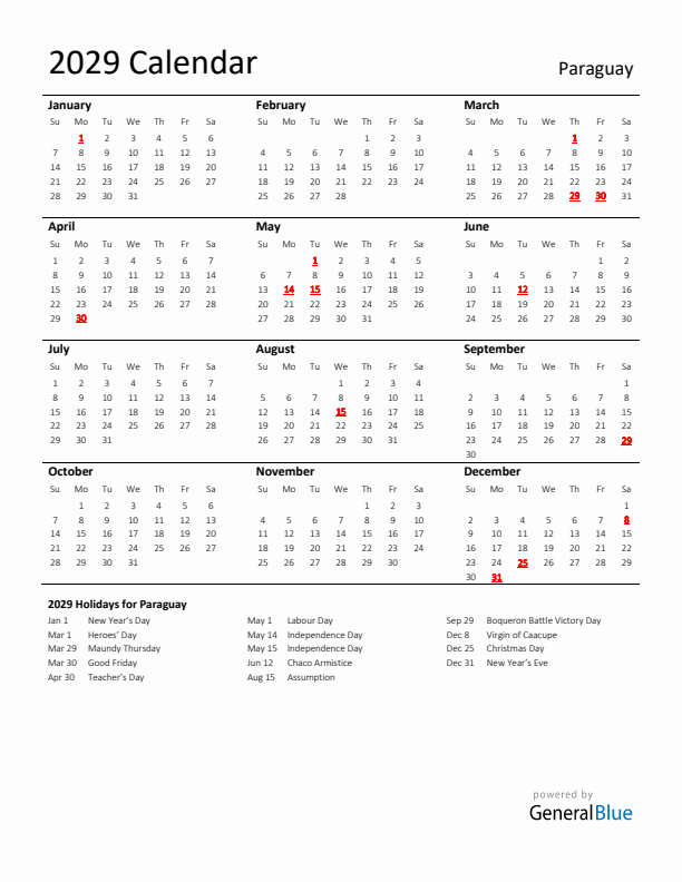Standard Holiday Calendar for 2029 with Paraguay Holidays