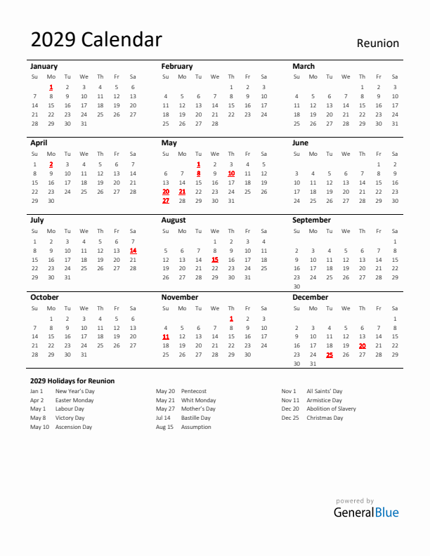 Standard Holiday Calendar for 2029 with Reunion Holidays
