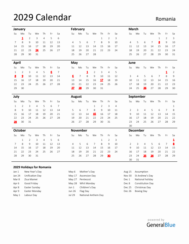 Standard Holiday Calendar for 2029 with Romania Holidays