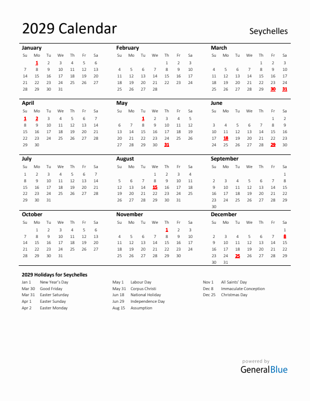 Standard Holiday Calendar for 2029 with Seychelles Holidays 
