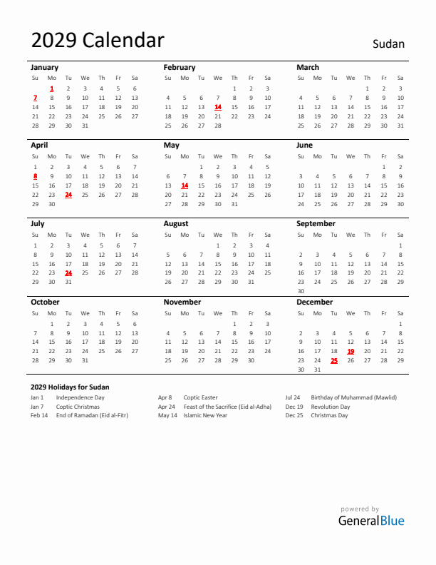 Standard Holiday Calendar for 2029 with Sudan Holidays 
