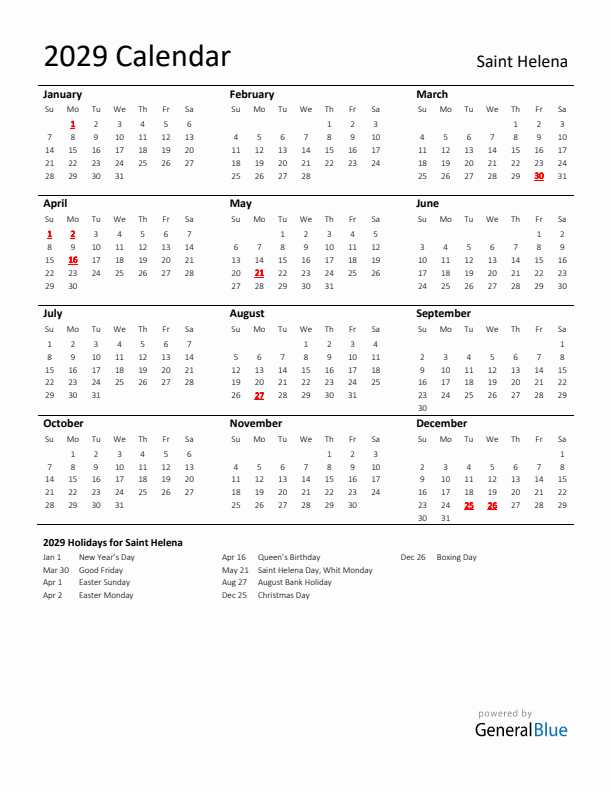 Standard Holiday Calendar for 2029 with Saint Helena Holidays