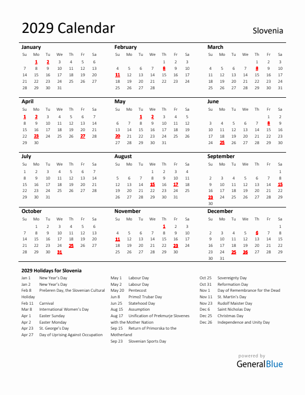 Standard Holiday Calendar for 2029 with Slovenia Holidays