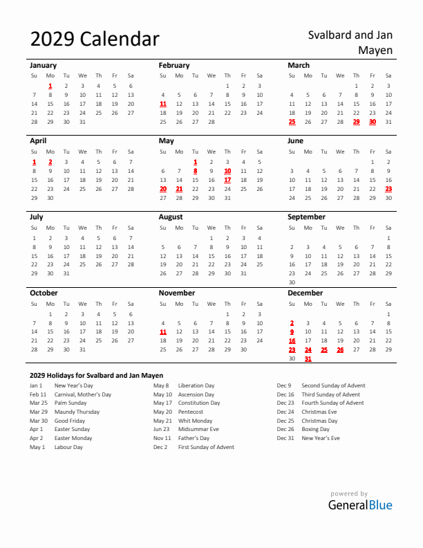 Standard Holiday Calendar for 2029 with Svalbard and Jan Mayen Holidays