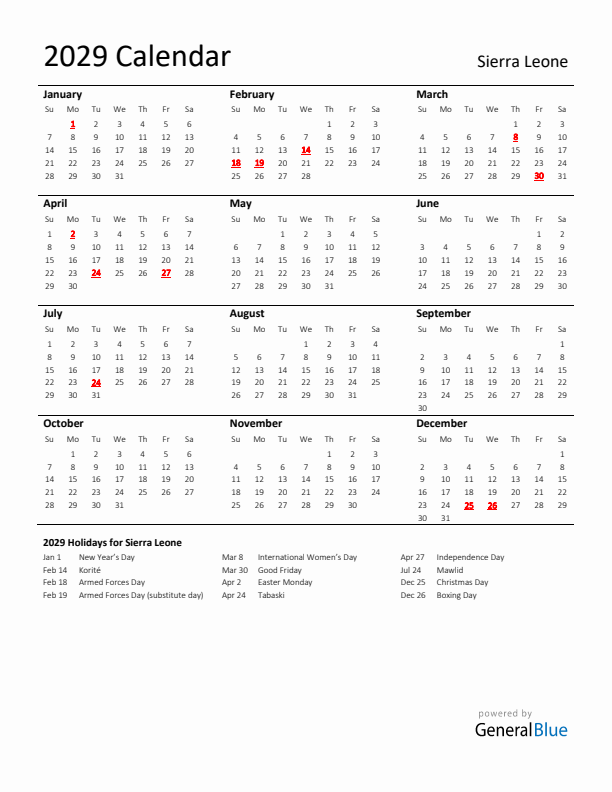 Standard Holiday Calendar for 2029 with Sierra Leone Holidays 