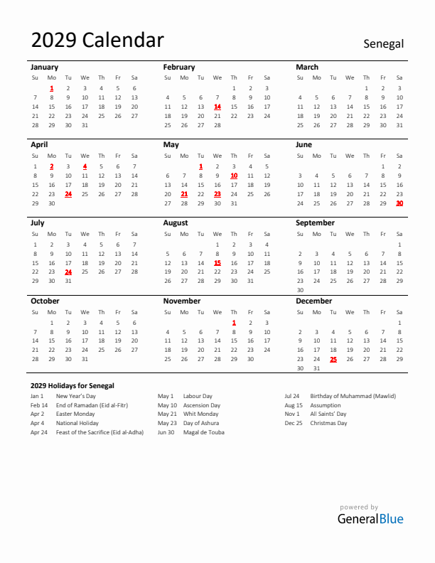 Standard Holiday Calendar for 2029 with Senegal Holidays 
